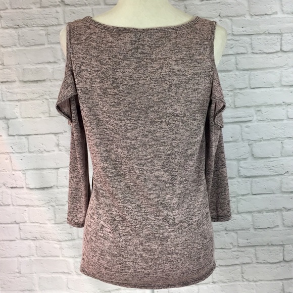 Women's pink heather cold shoulder ruffle knit top - Picture 4 of 6
